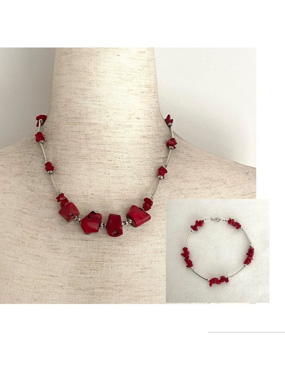 Sterling Silver 925 Red Beaded Coral Necklace & Bracelet/Anklet Set 17"